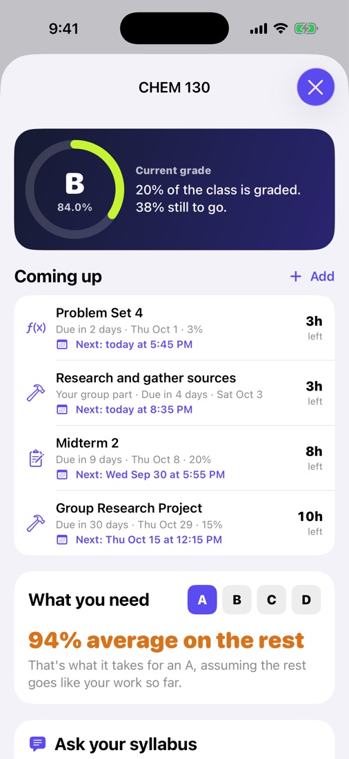 Class page with current grade and what's coming up