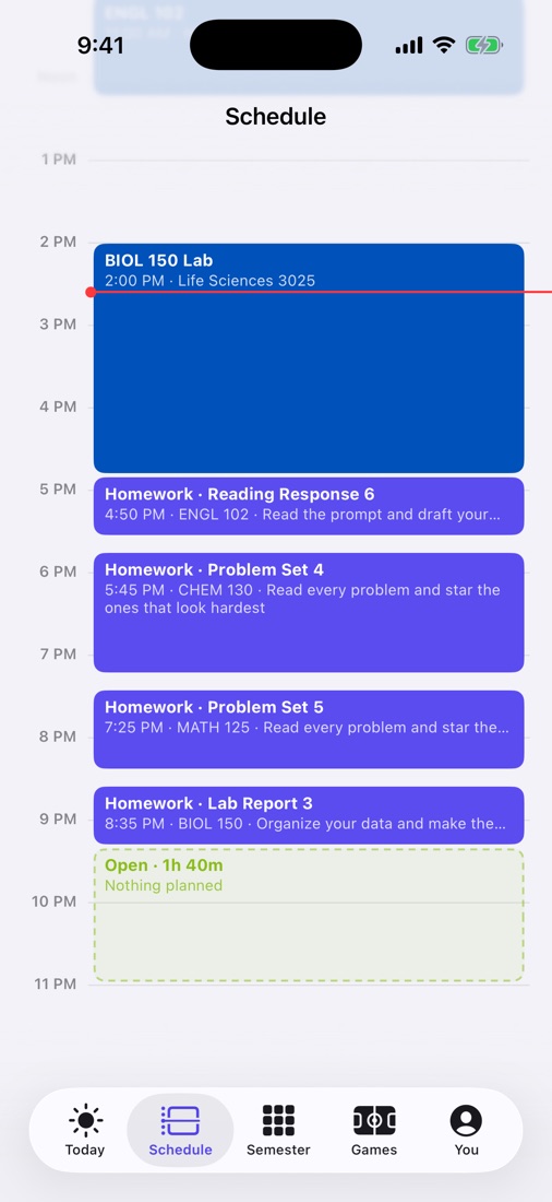 Schedule with classes, homework blocks and open time