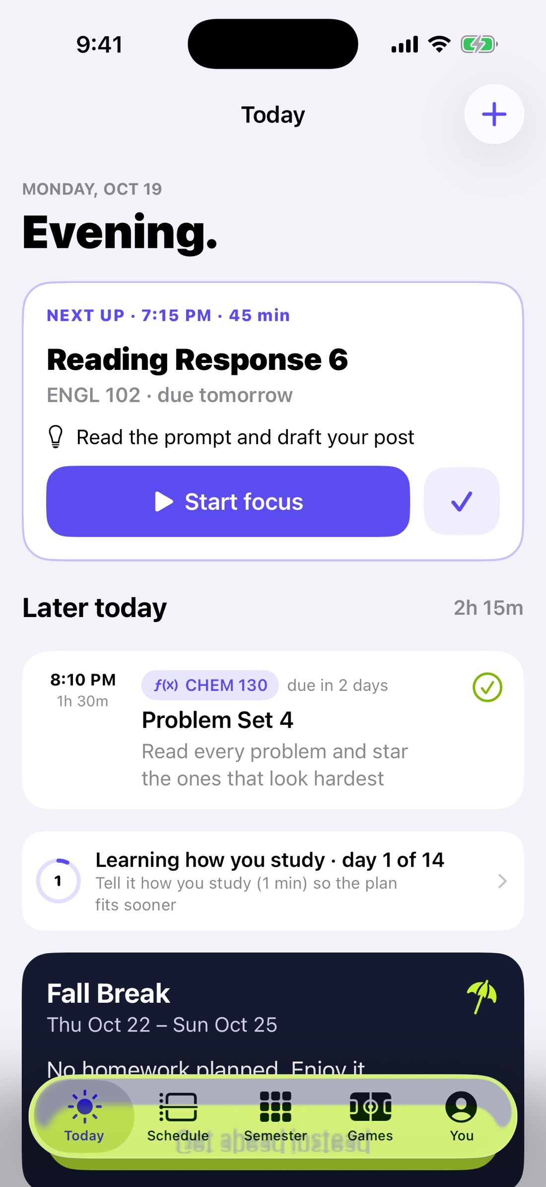 StudyScript Today screen with the day's study plan