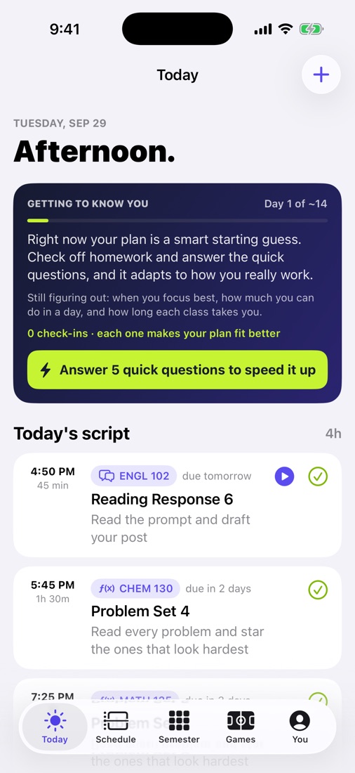 StudyScript Today screen with the day's homework plan